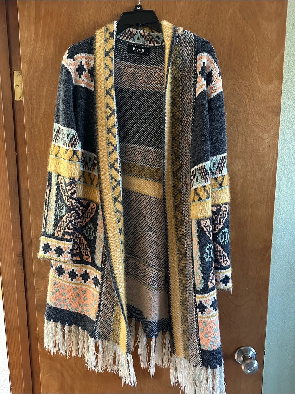 Blue B Multicolor Fringe Open Knit Cardigan - Yellow, Navy, Peach
